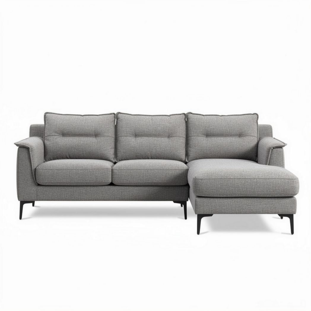 Canapé d'angle en tissu gris dimensions 210 x 90 x 85cm avec structure en métal