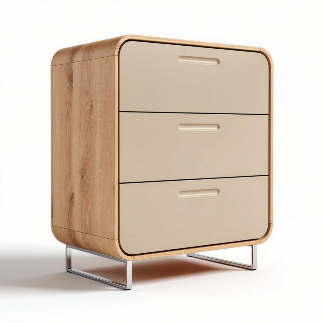 Commode en bois clair et métal trois tiroirs 45 x 40 x 65cm