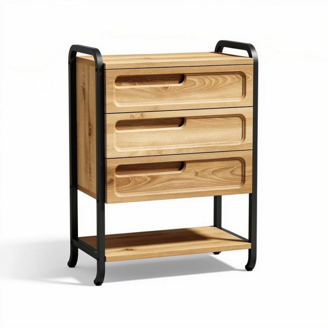 Meuble de rangement en bambou avec trois tiroirs et étagère en métal 40 x 30 x 80cm