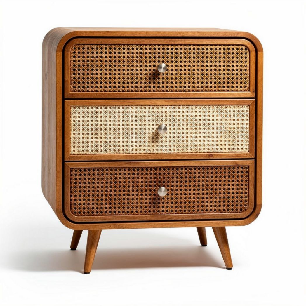 Commode en bois avec trois tiroirs en rotin de dimensions 60 x 40 x 70cm