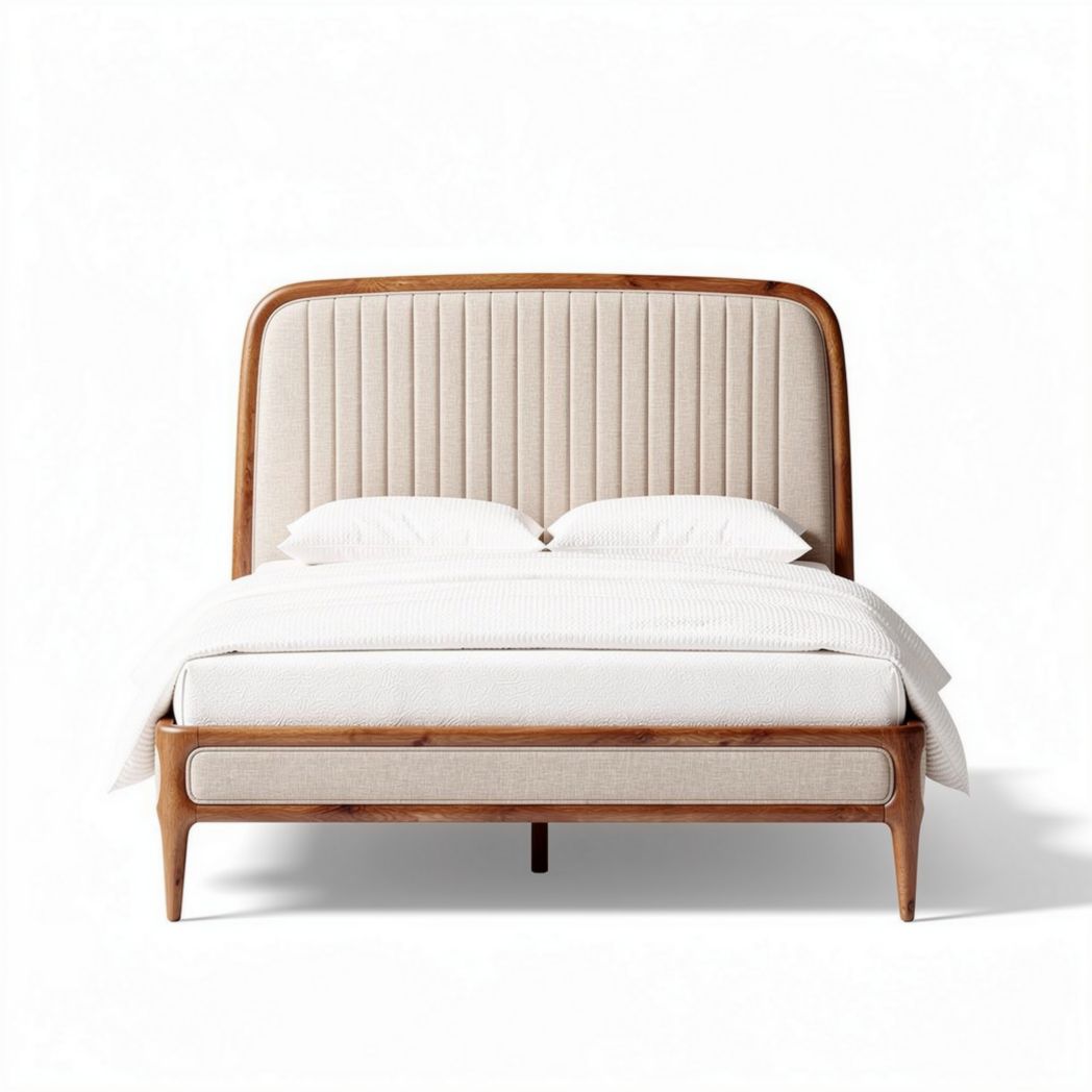 Lit en bois avec tête de lit en tissu beige dimensions 200 x 160 x 100 cm