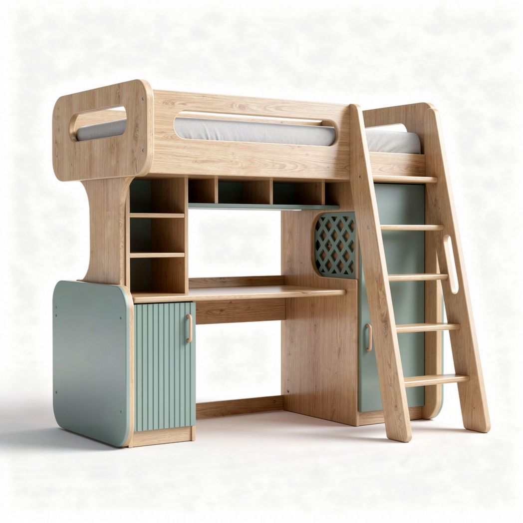 Lit mezzanine en bois avec bureau et rangement 200 x 100 x 150cm couleur naturelle et bleue
