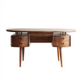 Bureau rectangulaire en bois foncé avec cinq tiroirs et pieds cylindriques