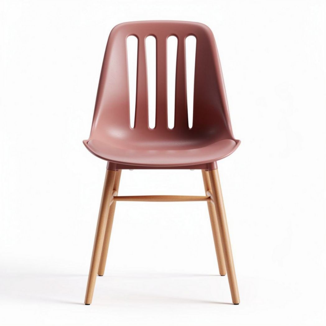 Chaise en plastique rouge avec pieds en bois mesure 45 x 45 x 85 cm