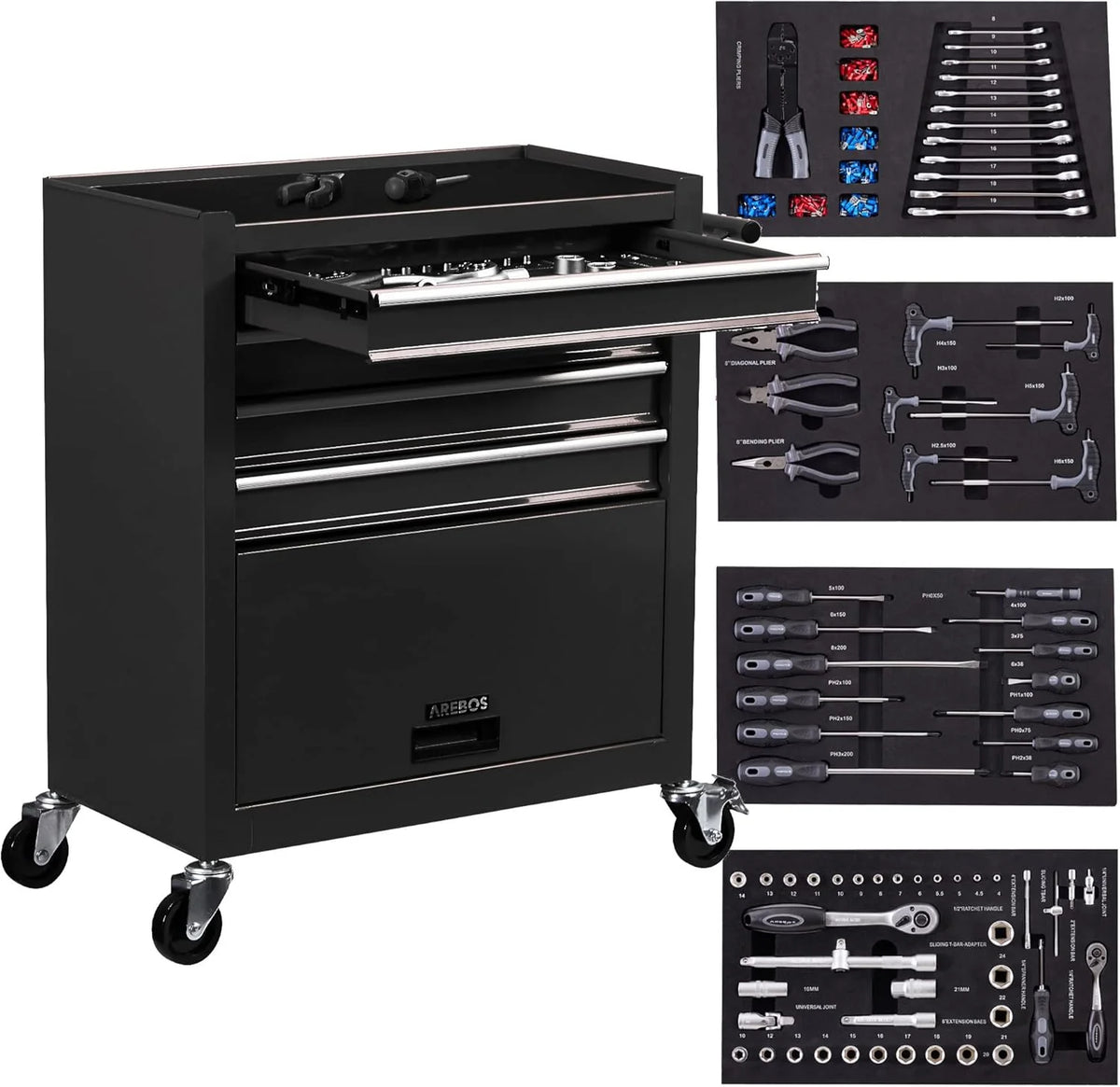 AREBOS chariot atelier 4 tiroirs, 81 outils, roulettes freinées, noir